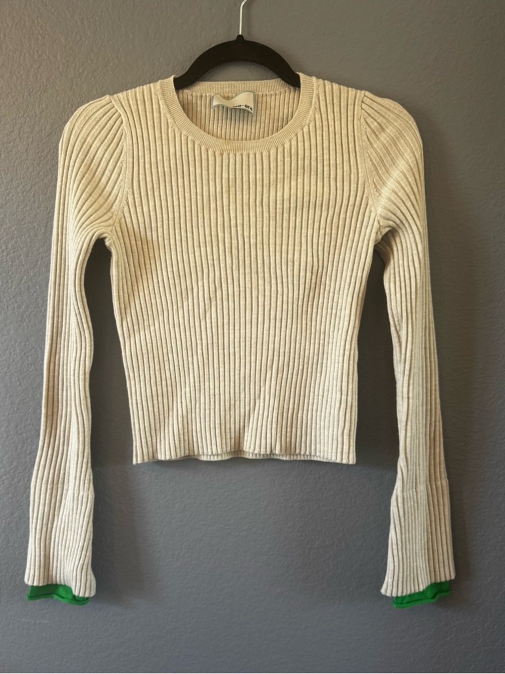 Ribbed Scoop Neck Sweater in Cream with Green Cuff Detail